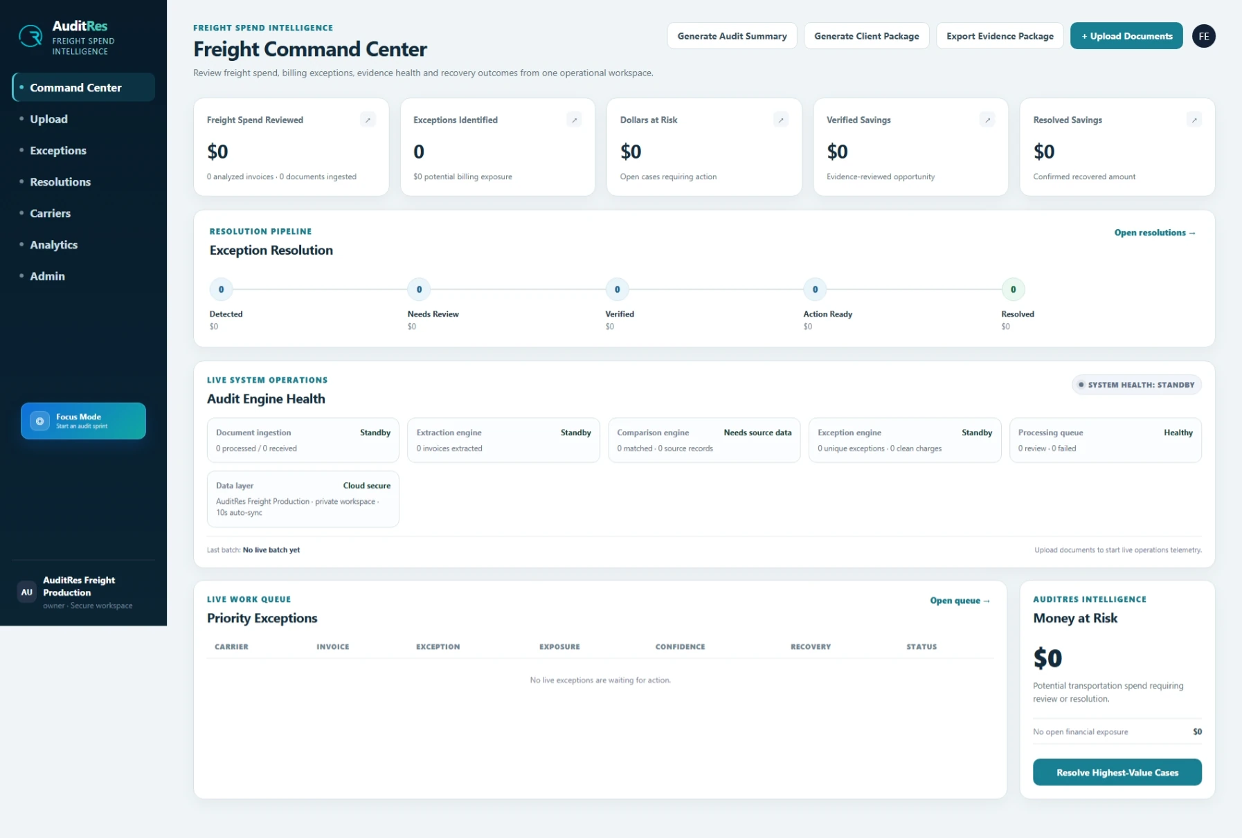 AuditRes Freight production command center using authenticated authoritative records
