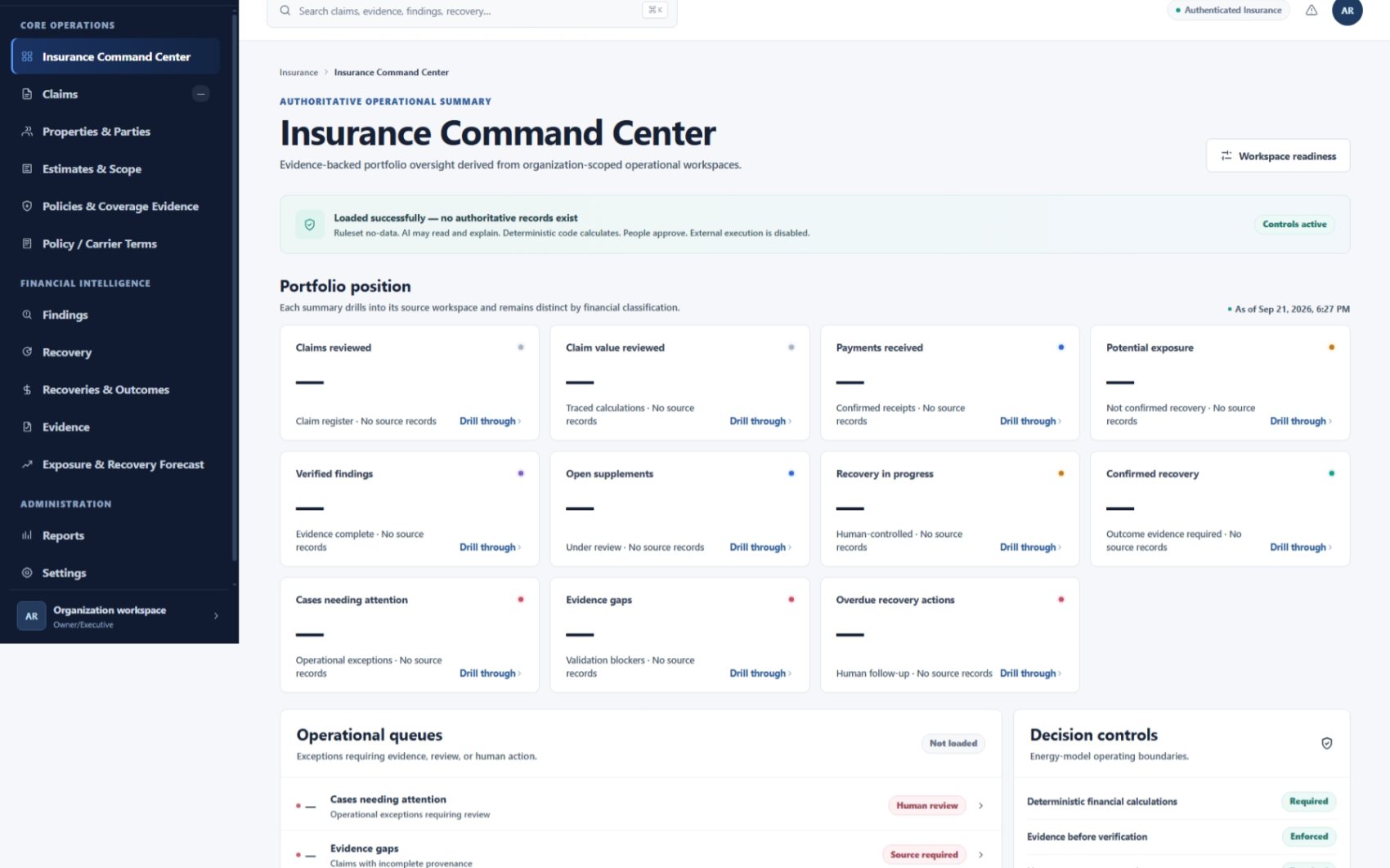 AuditRes Insurance Command Center showing claims, findings, recovery controls and operational workspaces